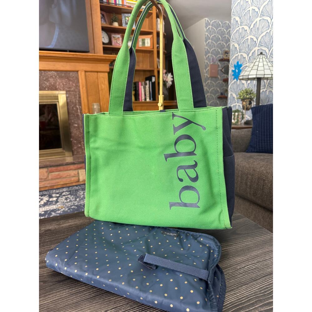 Kate Spade New York Navy & Green Canvas “Baby” Tote with Matching Changing Pad
